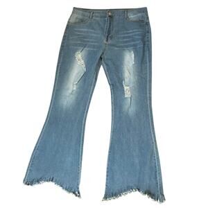 Denim Jeans Wide Leg Womens XXXL Light Wash Shark Bite Fringe Hem